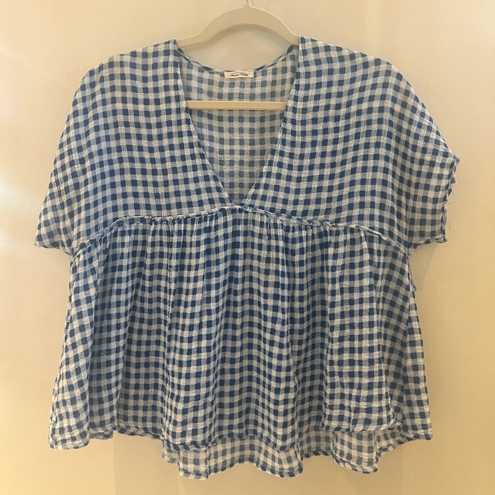 American Vintage Flowey Gingham Blue & White Blouse (size XS but fits like a S)